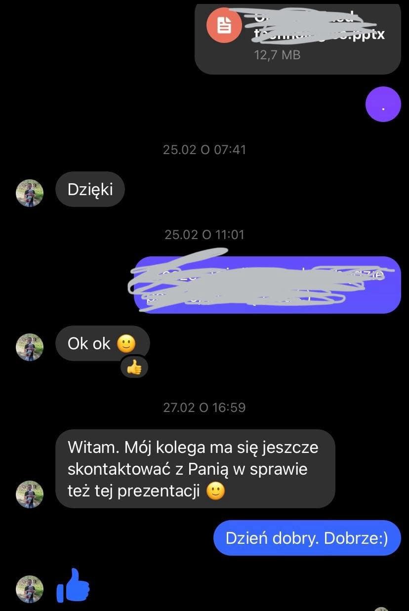 Zrzut ekranu konwersacji z plikiem prezentacji .pptx, datami i podziękowaniami. Komunikacja o prezentacji w komunikatorze.