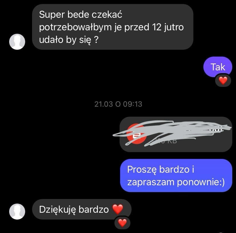 Zrzut ekranu czatu z potwierdzeniem wykonania zlecenia i przesłaniem pliku. Widoczne podziękowania klienta i zaproszenie do ponownej współpracy.