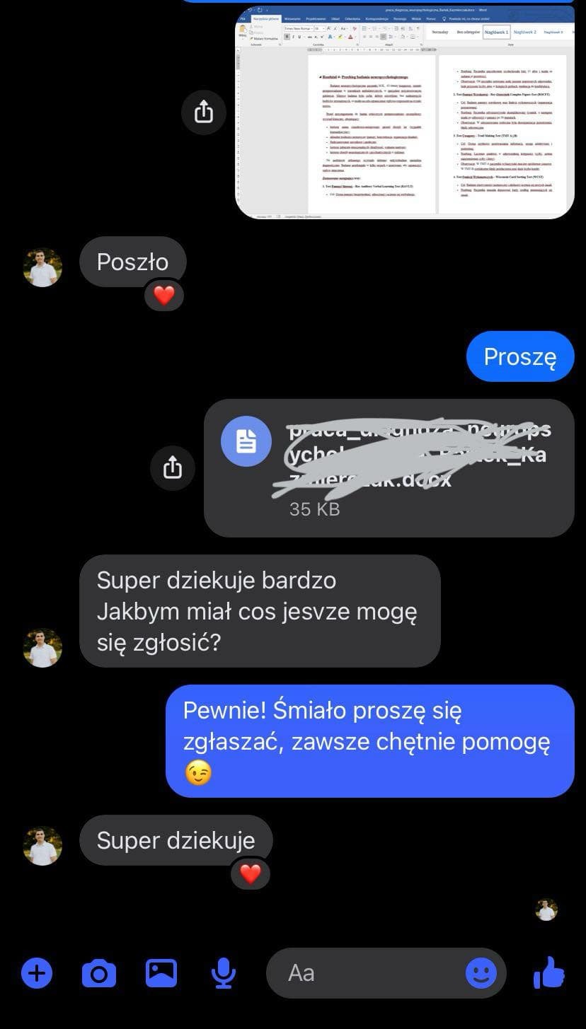 Zrzut ekranu konwersacji z przesłanym plikiem .docx, podziękowaniami i potwierdzeniem gotowości do dalszej pomocy. Plik sugeruje pracę copywritera.
