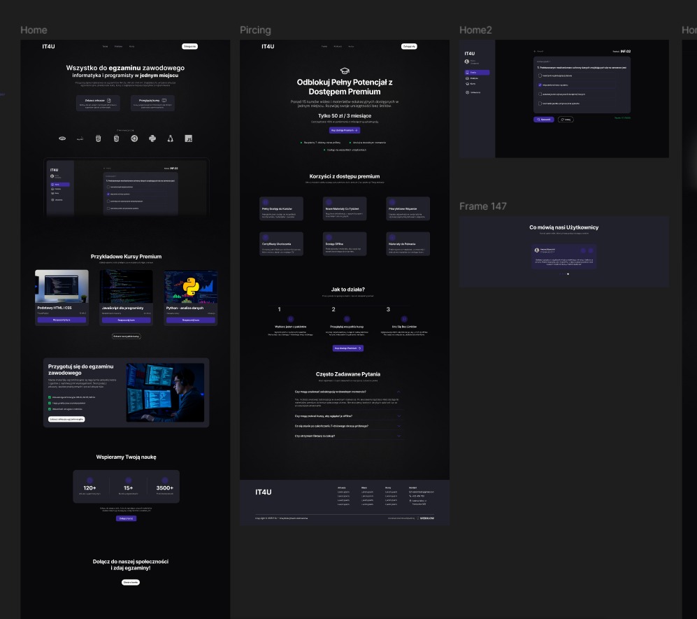 Nowoczesny, minimalistyczny design strony internetowej w ciemnej kolorystyce z czytelną nawigacją, prezentujący platformę edukacyjną IT4U z kursami premium i dostępem do egzaminów.