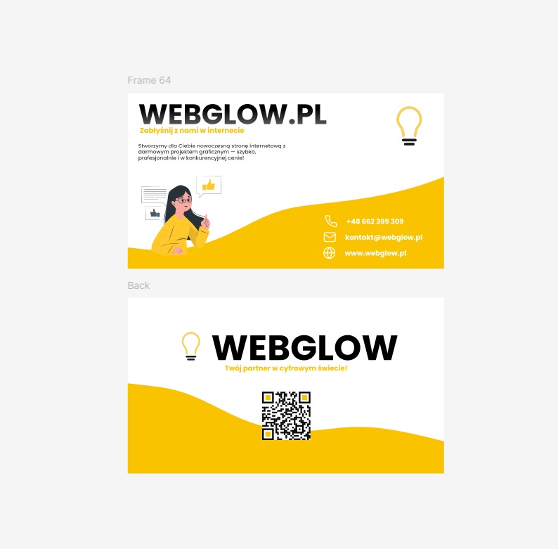 Dwustronna, nowoczesna wizytówka WEBGLOW.PL z kodem QR. Przednia strona z ilustracją kobiety. Żółto-biała kolorystyka, minimalistyczny design.