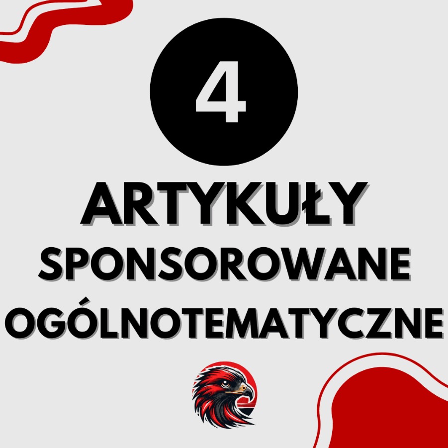 Grafika z tekstem 'Artykuły sponsorowane ogólnotematyczne' i numerem '4' w czarnym okręgu, z logotypem orła w dolnej części. Czerwone elementy dekoracyjne.