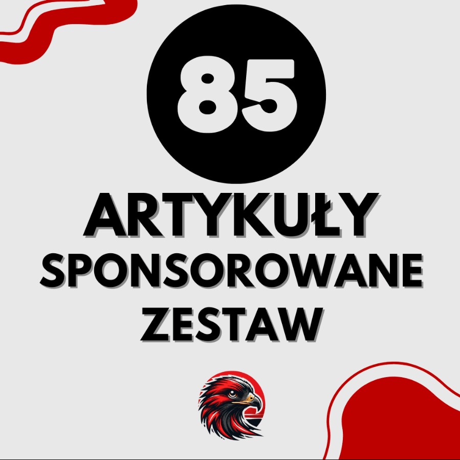 Grafika z tekstem 'Artykuły Sponsorowane Zestaw' i liczbą 85 w czarnym kółku, ozdobiona czerwonymi elementami i logo z wizerunkiem orła.