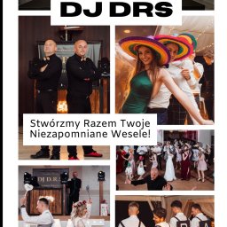DJ DRS wesela eventy - Kolaż zdjęć z wesela: DJ na stanowisku, tańczący goście w sombrerach, para młoda z gadżetami, drużba z literami. Napis: 'Stwórzmy Razem Twoje Niezapomniane Wesele!'