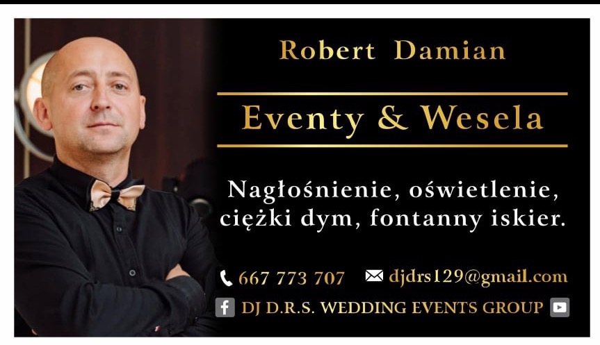Grafika reklamowa: mężczyzna z muszką, napis 'Eventy & Wesela', nagłośnienie, oświetlenie, kontakt. Robert Damian, DJ D.R.S. WEDDING EVENTS GROUP.