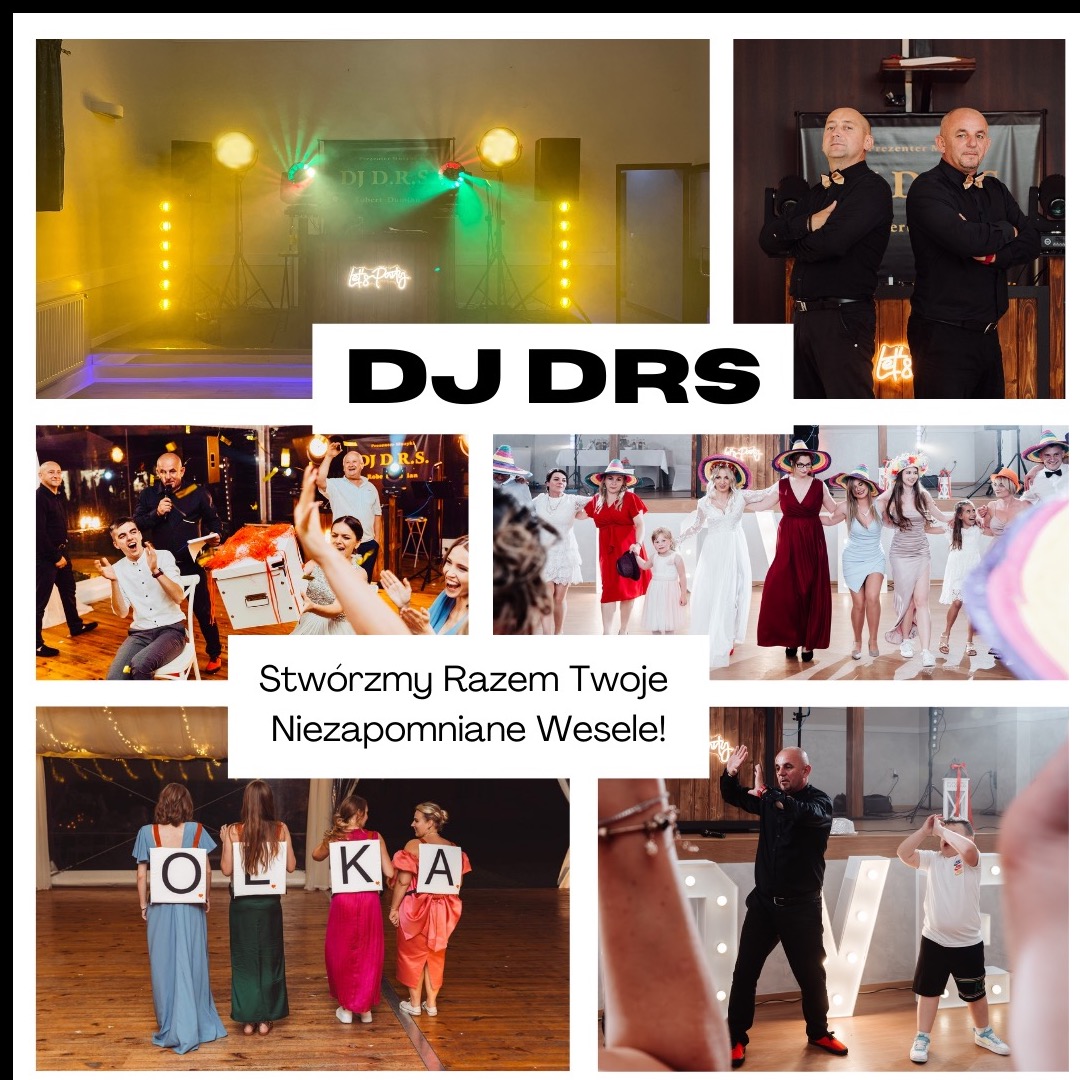 Kolaż zdjęć z wesela: DJ za konsoletą z oświetleniem, bawiący się goście, panna młoda z druhnami, napis 'OLKA' z liter trzymanych przez osoby.