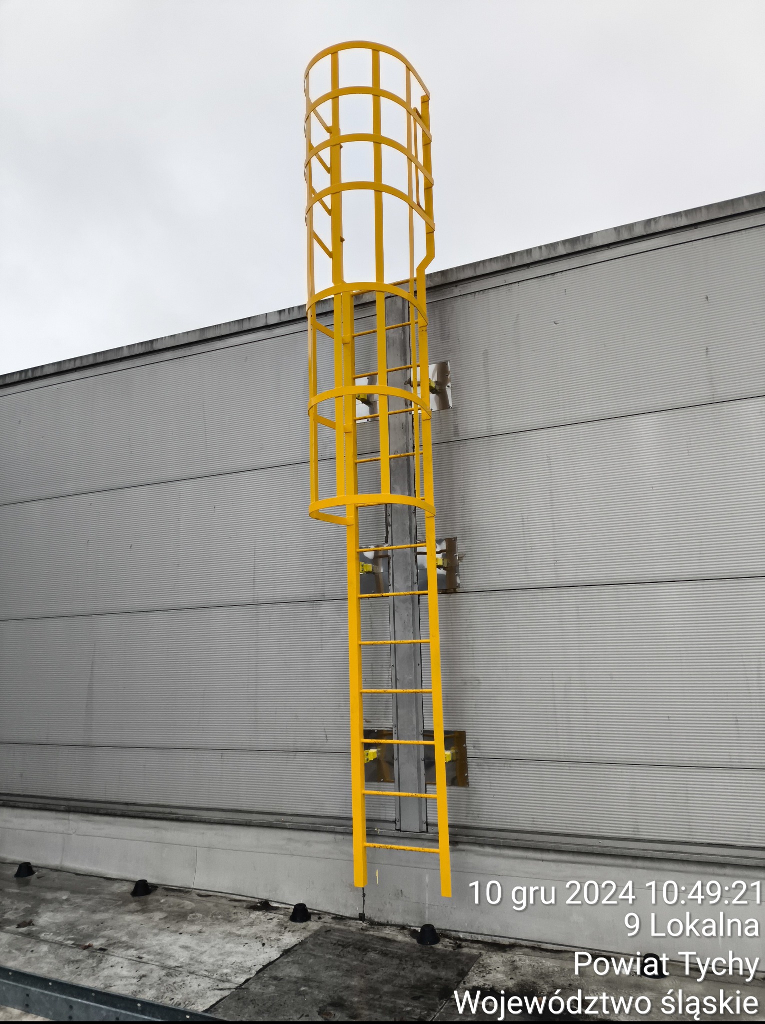 Żółta drabina z koszem ochronnym zamontowana na szarej ścianie budynku. Widoczne elementy mocujące. Ujęcie od dołu, pochmurne niebo w tle.