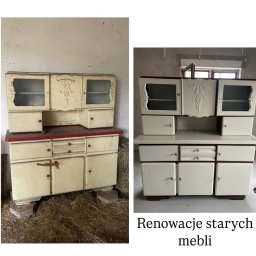 Mateusz Ratajczak - Porównanie kredensu: zniszczony, beżowy przed renowacją i odnowiony, biały po renowacji. Widoczne detale zdobień.