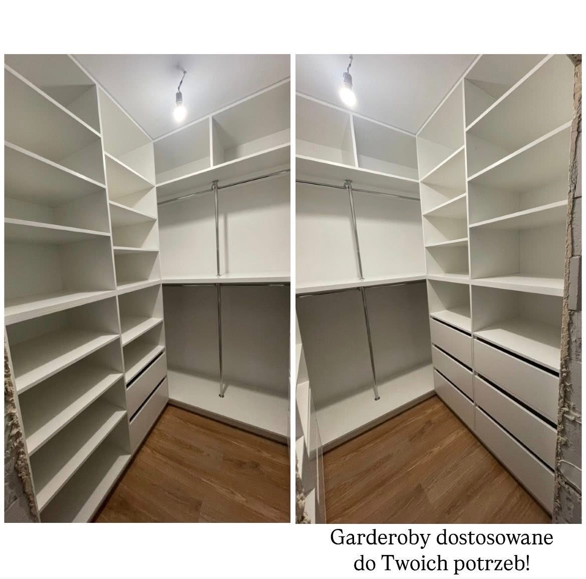 Nowoczesna, biała garderoba z półkami i szufladami, widok z wnętrza. Wykończenie z drewnianą podłogą. Oświetlenie punktowe. Metalowe drążki na ubrania.