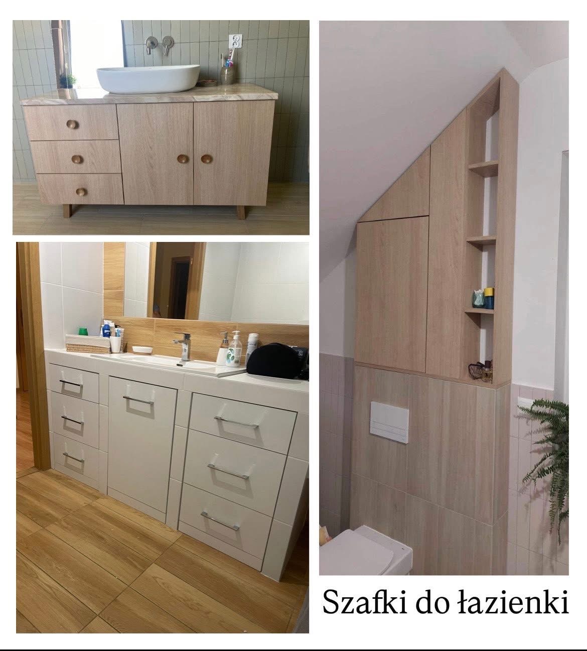 Zestawienie trzech ujęć: szafka łazienkowa z umywalką w stylu skandynawskim, biała zabudowa pod umywalką z szufladami, szafka łazienkowa pod skosem z półkami.