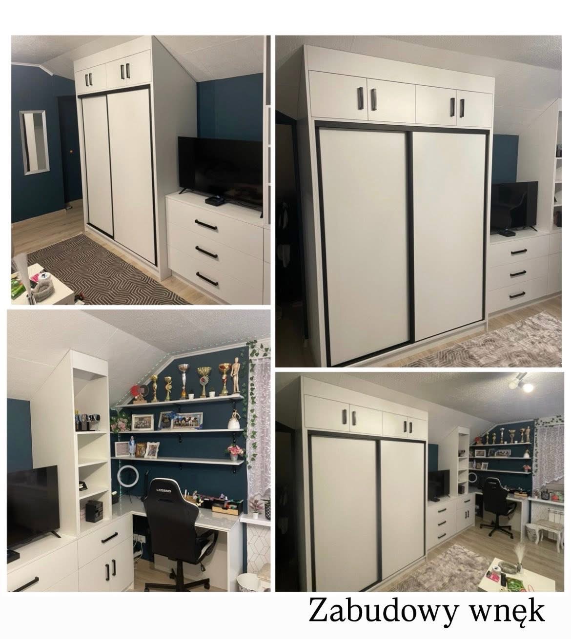 Biała szafa wnękowa z przesuwnymi drzwiami i szafkami górnymi, wkomponowana w pokój z biurkiem i półkami. Widoczne trofea i dekoracje, ciemna ściana w tle.