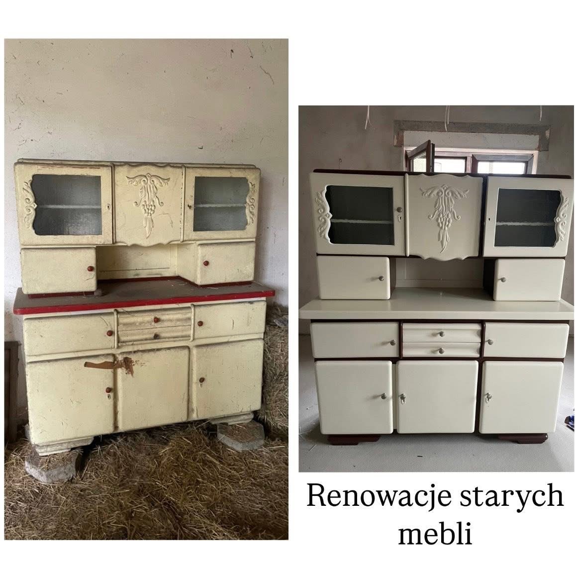 Porównanie kredensu: zniszczony, beżowy przed renowacją i odnowiony, biały po renowacji. Widoczne detale zdobień.
