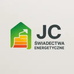 Grafika: Logo firmy JC. Zielony dom z wykresem efektywności energetycznej. Obok napis 'JC Świadectwa Energetyczne' na szarym tle.