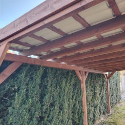 GM Vector plus - Brunatna konstrukcja z drewna, prawdopodobnie zadaszenie, widoczna od dołu, z tłem z gęstych, zielonych krzewów. Elementy konstrukcyjne połączone śrubami.