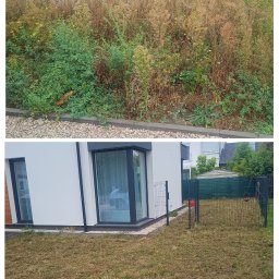 Pure House Marta Wielgomasz - Zdjęcie 'przed i po' koszenia trawy: zaniedbany ogród z wysoką trawą i chwastami kontra krótko przystrzyżony trawnik przy nowoczesnym domu z szarą kostką.