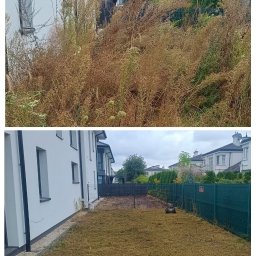 Pure House Marta Wielgomasz - Zdjęcie 'przed i po': Zarośnięty ogród przed domem, a następnie skoszony trawnik z widoczną kosiarką. Biały budynek z oknami w tle.