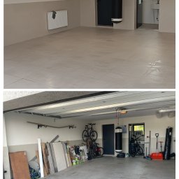 Pure House Marta Wielgomasz - Zdjęcie 'przed i po' metamorfozy garażu: od zagraconej przestrzeni z rowerami i sprzętami, do czystego, wykafelkowanego pomieszczenia z workiem bokserskim.