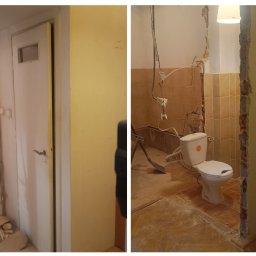 Pure House Marta Wielgomasz - Demontaż ściany w łazience z widoczną toaletą i gruzem. Widok na sąsiednie pomieszczenie przez otwór w ścianie. Prace wyburzeniowe w trakcie realizacji.