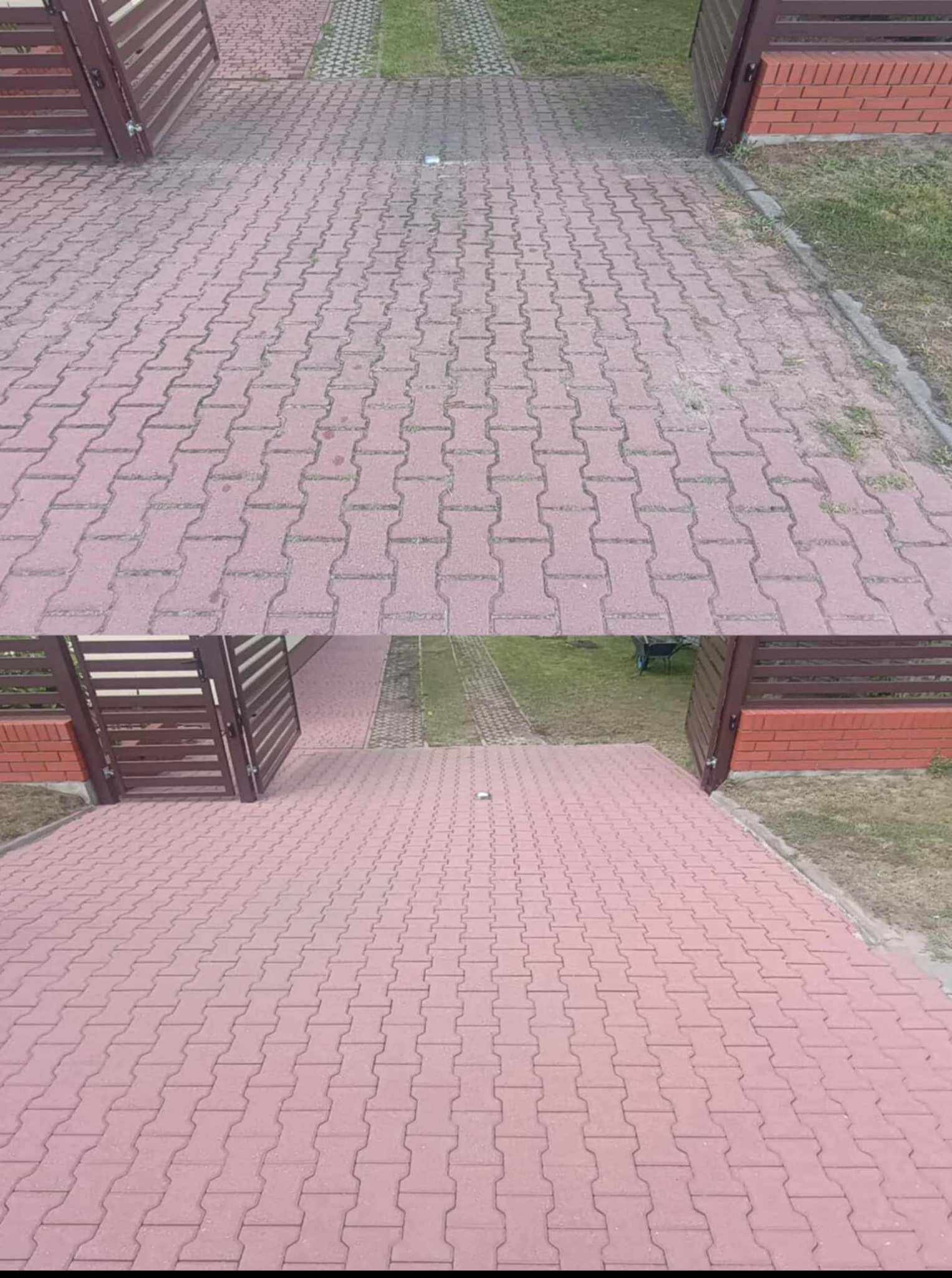 Kostka brukowa przed i po czyszczeniu, widok z góry. Różnica w kolorze i czystości między górną a dolną częścią zdjęcia. Brama w tle.
