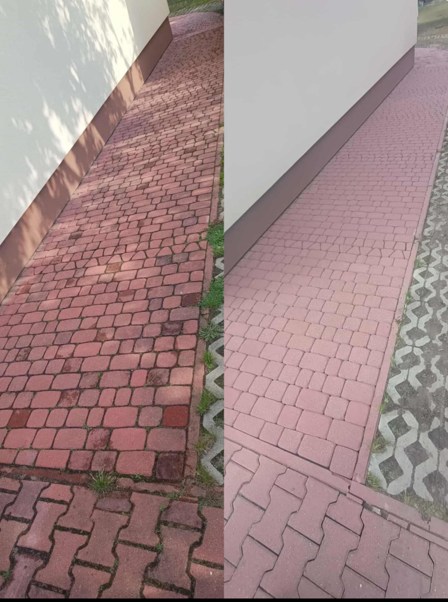 Porównanie kostki brukowej przed i po czyszczeniu. Lewa strona zabrudzona, prawa czysta, zarys budynku w tle. Widoczne różnice w kolorze i usunięte zanieczyszczenia.