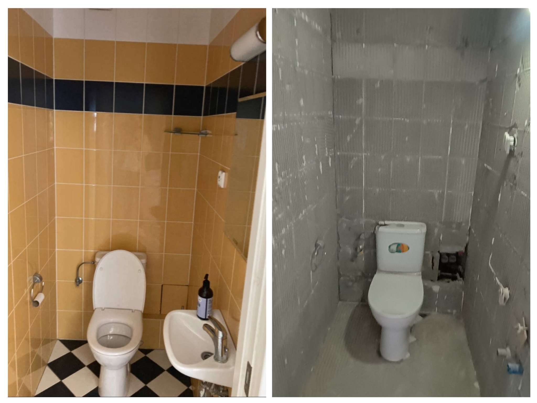 Zdjęcie typu 'przed i po' przedstawia remont łazienki. Po lewej łazienka z żółtymi płytkami i czarno-białą podłogą. Po prawej łazienka w trakcie remontu, szare ściany.