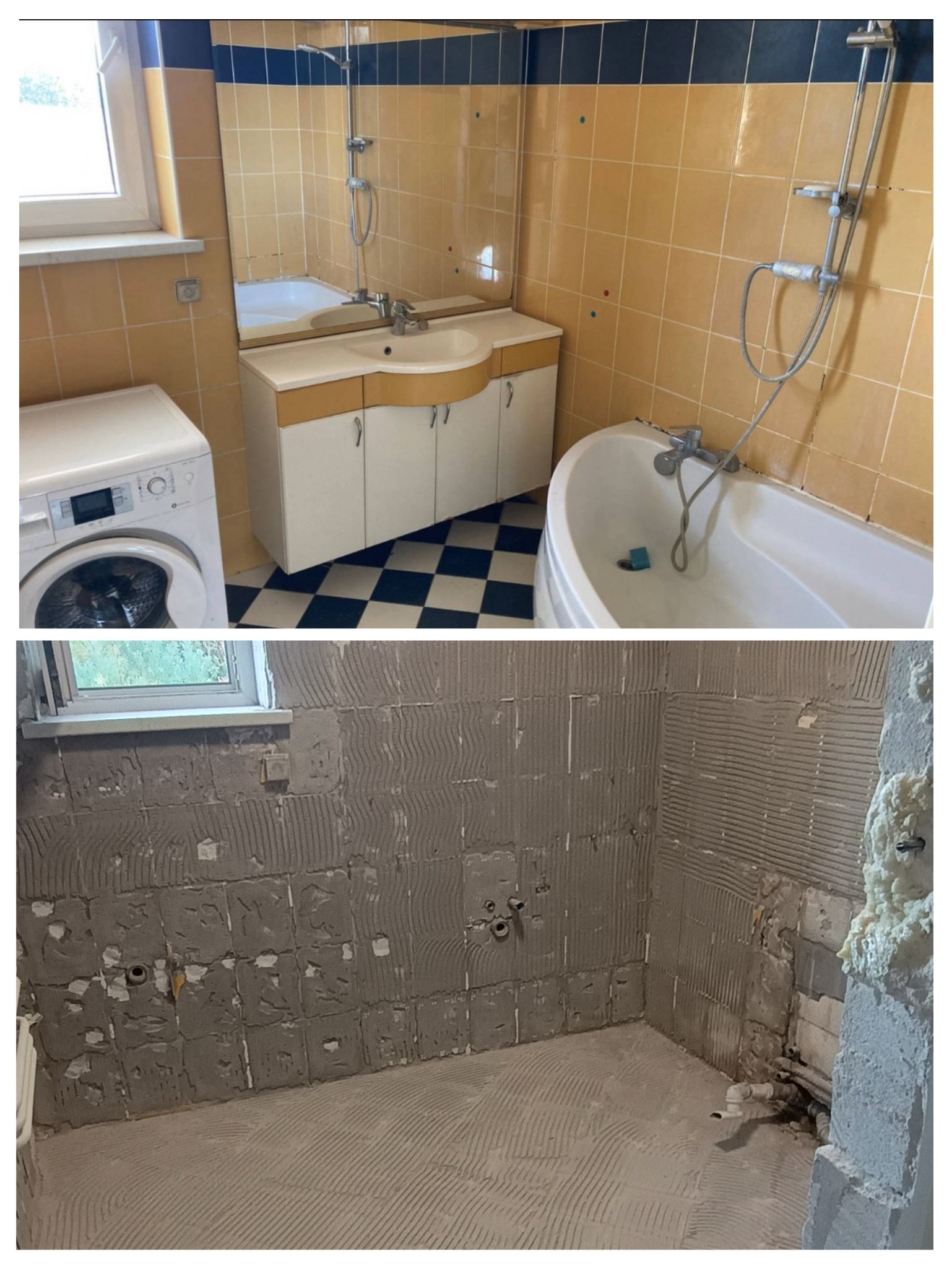 Dwa ujęcia łazienki: górne - przed remontem z wanną, umywalką i pralką; dolne - w trakcie remontu, ściany przygotowane pod płytki, podłoga z klejem.