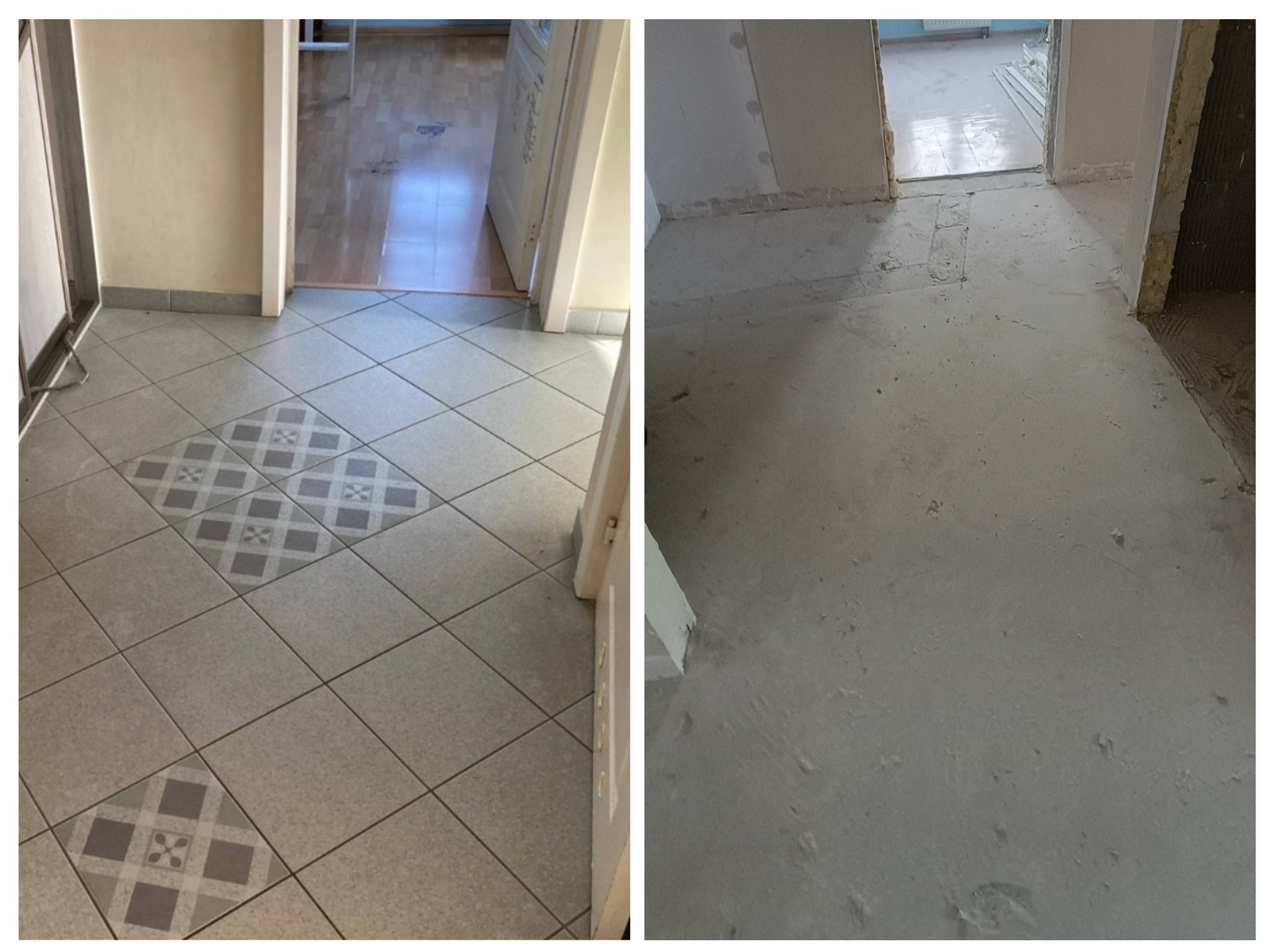 Zdjęcie 'przed i po' demontażu płytek podłogowych w korytarzu. Po lewej: stare płytki z wzorem. Po prawej: przygotowane podłoże, surowy beton po usunięciu płytek.