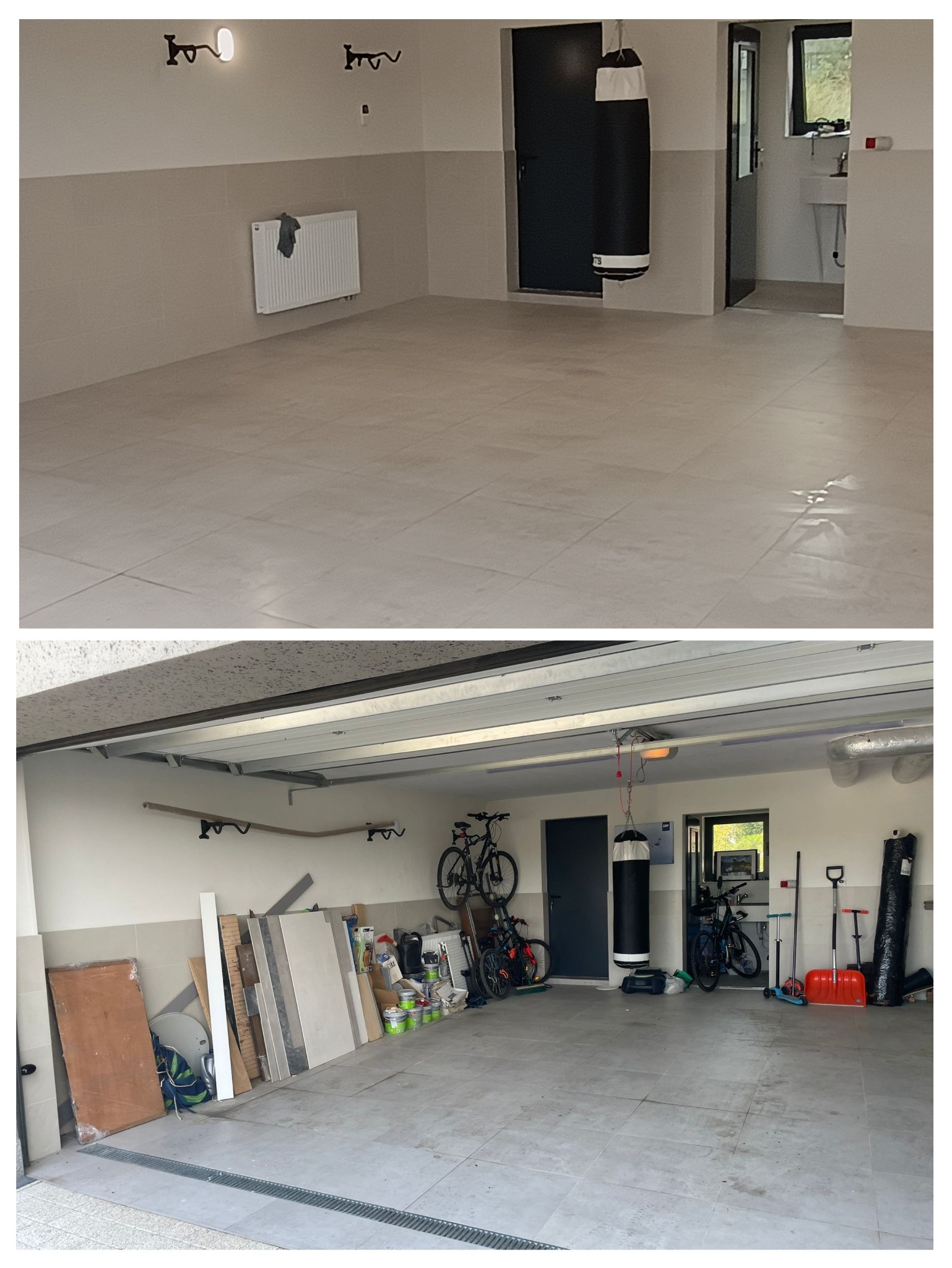 Zdjęcie 'przed i po' metamorfozy garażu: od zagraconej przestrzeni z rowerami i sprzętami, do czystego, wykafelkowanego pomieszczenia z workiem bokserskim.