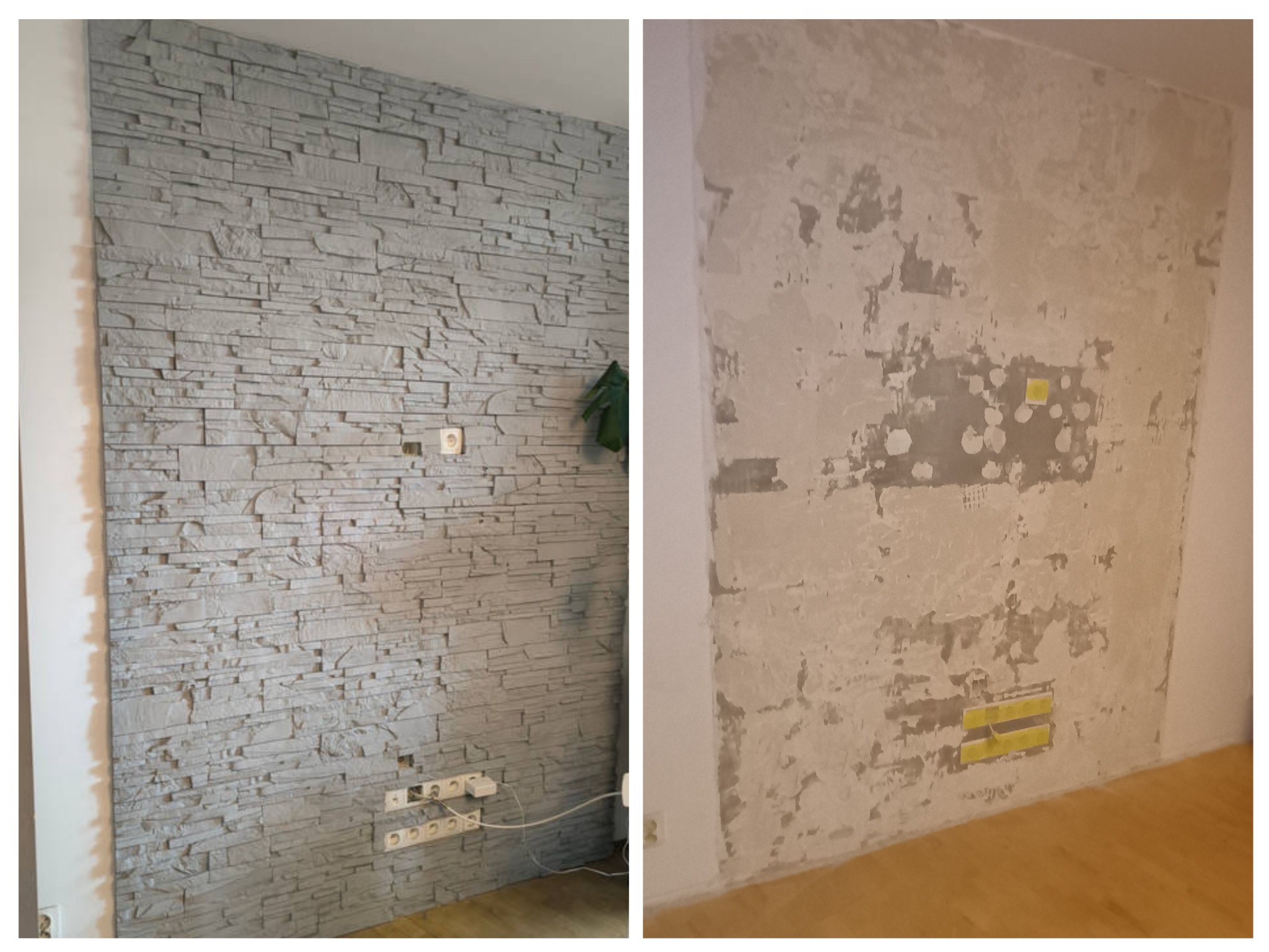 Porównanie ściany przed i po: szara ściana z kamienia dekoracyjnego z gniazdkami, obok otynkowana ściana z resztkami kleju i taśmy. Ukazanie efektu wykończenia wnętrza.