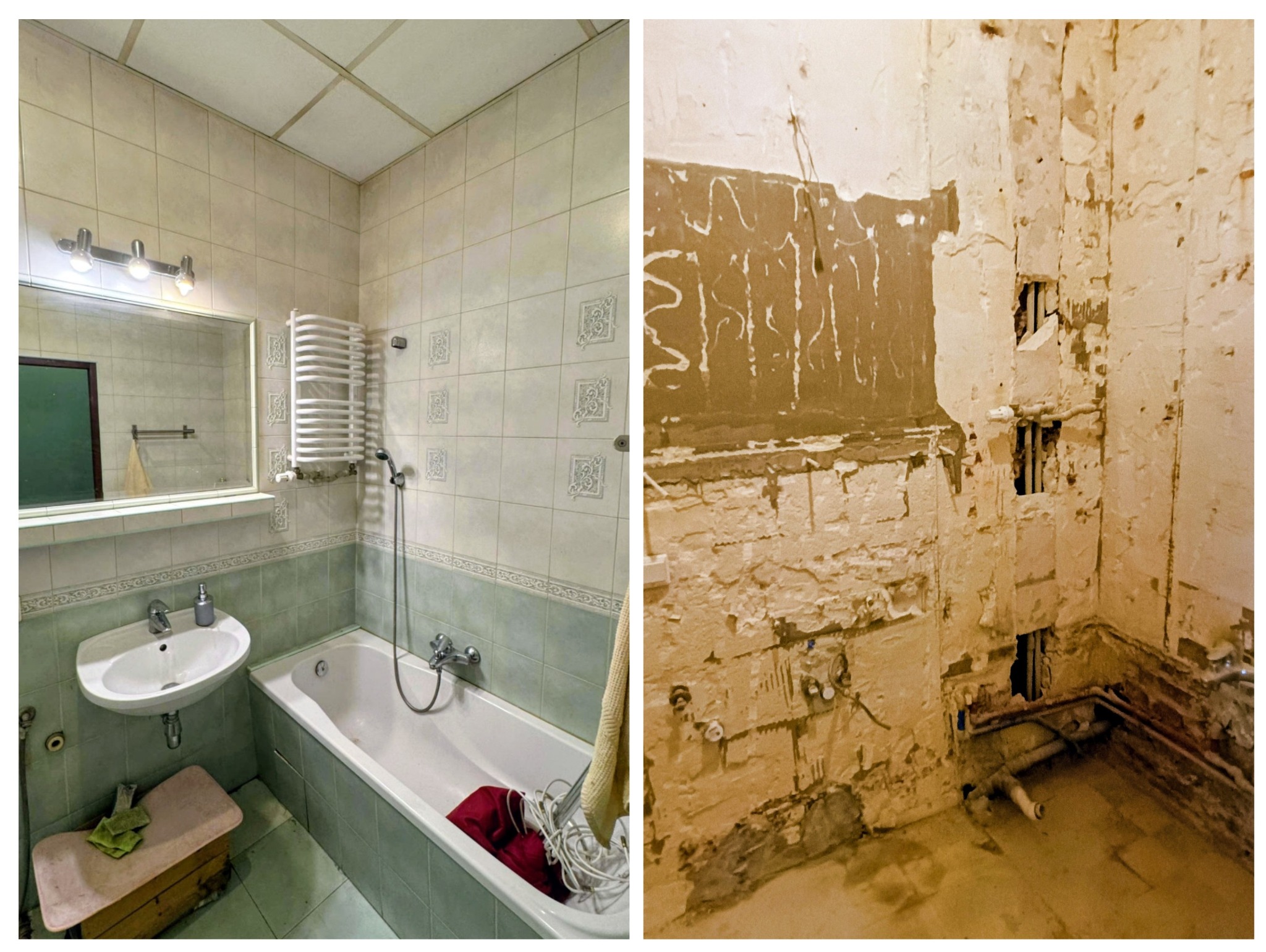 Skuwanie płytek na ścianach i posadzkach, demontaż wanny i grzejnika. Wywóz gruzu