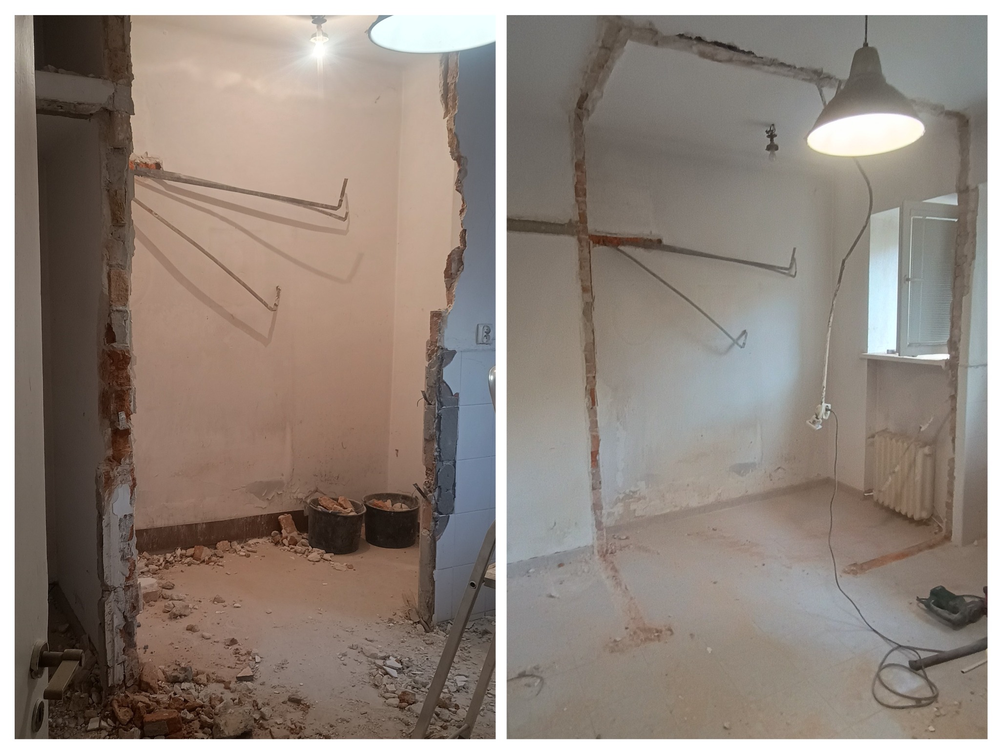 Demontaż ściany działowej z cegły w mieszkaniu, widoczne ślady po instalacjach, gruz na podłodze, lampa wisząca. Dwa ujęcia zestawione obok siebie.