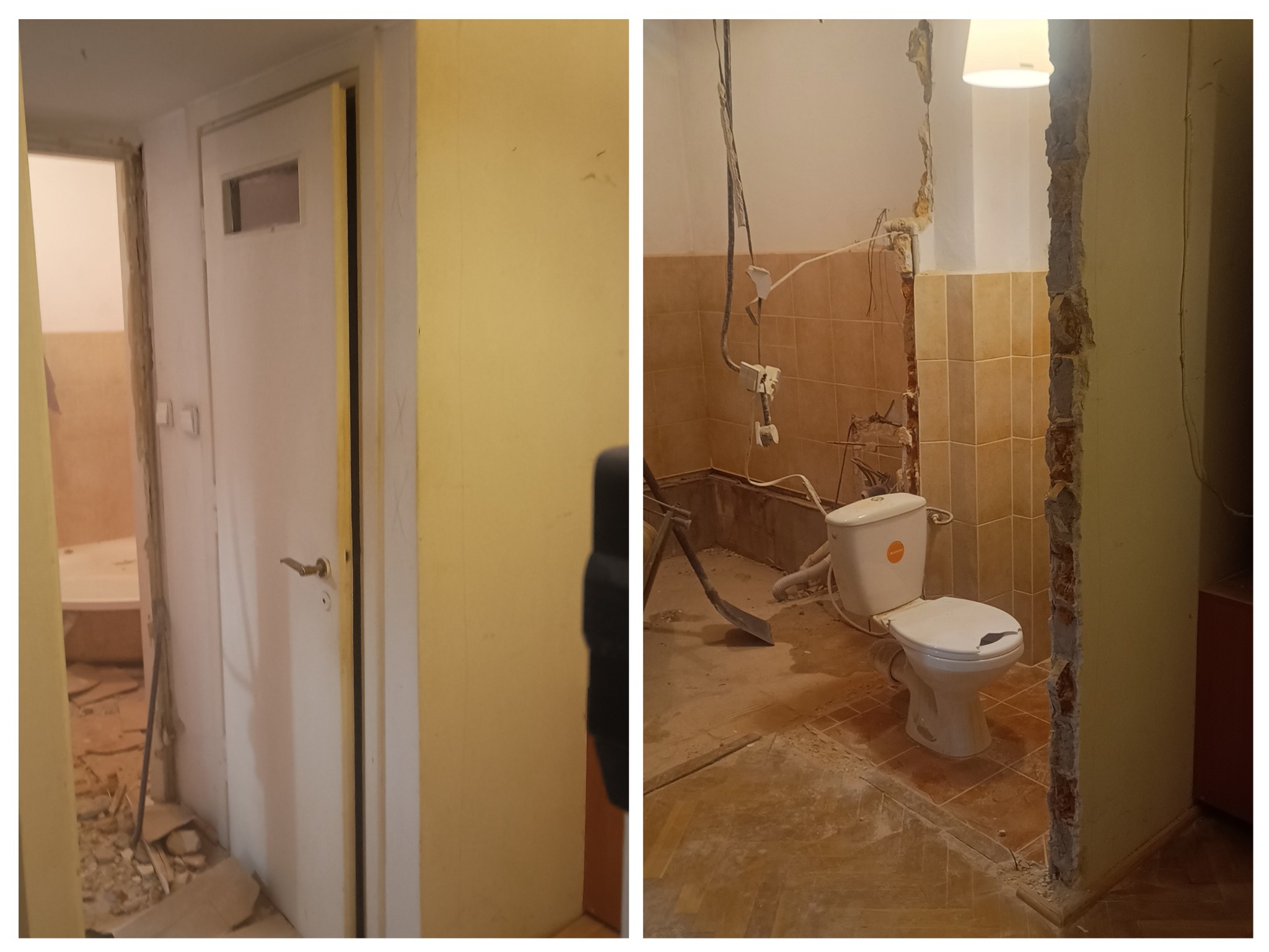 Demontaż ściany w łazience z widoczną toaletą i gruzem. Widok na sąsiednie pomieszczenie przez otwór w ścianie. Prace wyburzeniowe w trakcie realizacji.