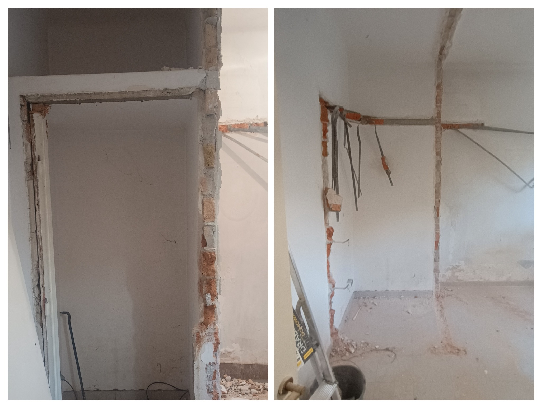 Dwa ujęcia wnętrza po wyburzeniu ścian działowych, odsłonięta cegła, widoczne przewody elektryczne, gruz na podłodze, drabina. Etap prac wyburzeniowych.