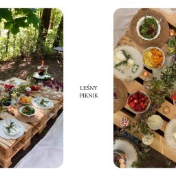 Karolina Stolarczyk - Leśny piknik na paletach: owoce, sałatki, świece i kwiaty tworzą rustykalną aranżację w plenerze. Szampan w wiaderku z lodem dodaje elegancji.