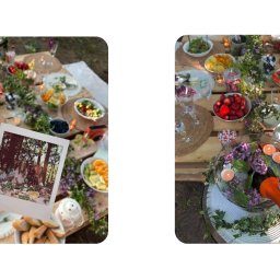 Karolina Stolarczyk - Stół piknikowy z owocami, kwiatami i świecami, w tle las. W dłoni zdjęcie polaroidowe z uczestnikami przyjęcia. Dekoracja stołu w stylu rustykalnym.