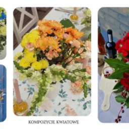Kolaż czterech kompozycji kwiatowych: bukiety w odcieniach błękitu, pomarańczy, bieli i czerwieni, z dodatkiem owoców i dekoracji. Różne style i aranżacje.