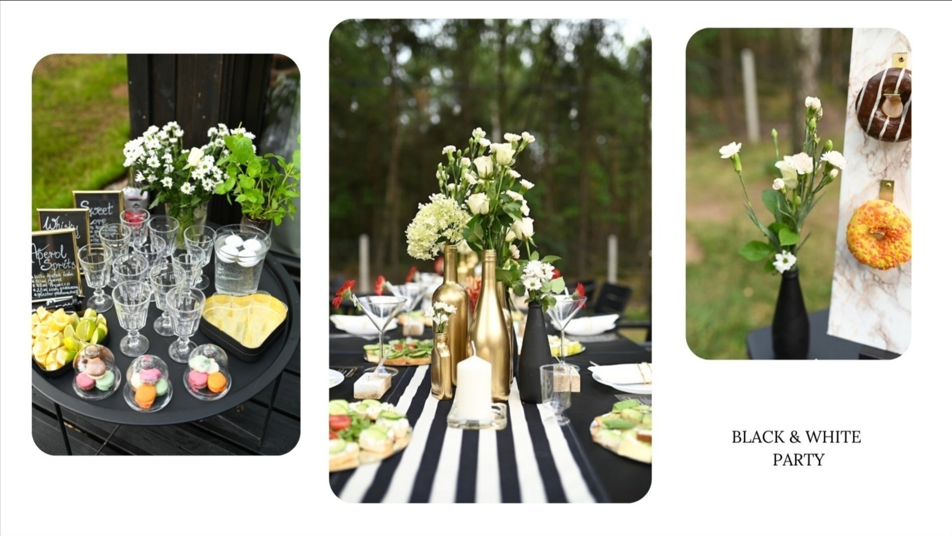 Dekoracja stołu na przyjęcie w czerni i bieli: złote butelki jako wazony, paski na obrusie, kwiaty, desery i napoje. Elegancki i nowoczesny wystrój.