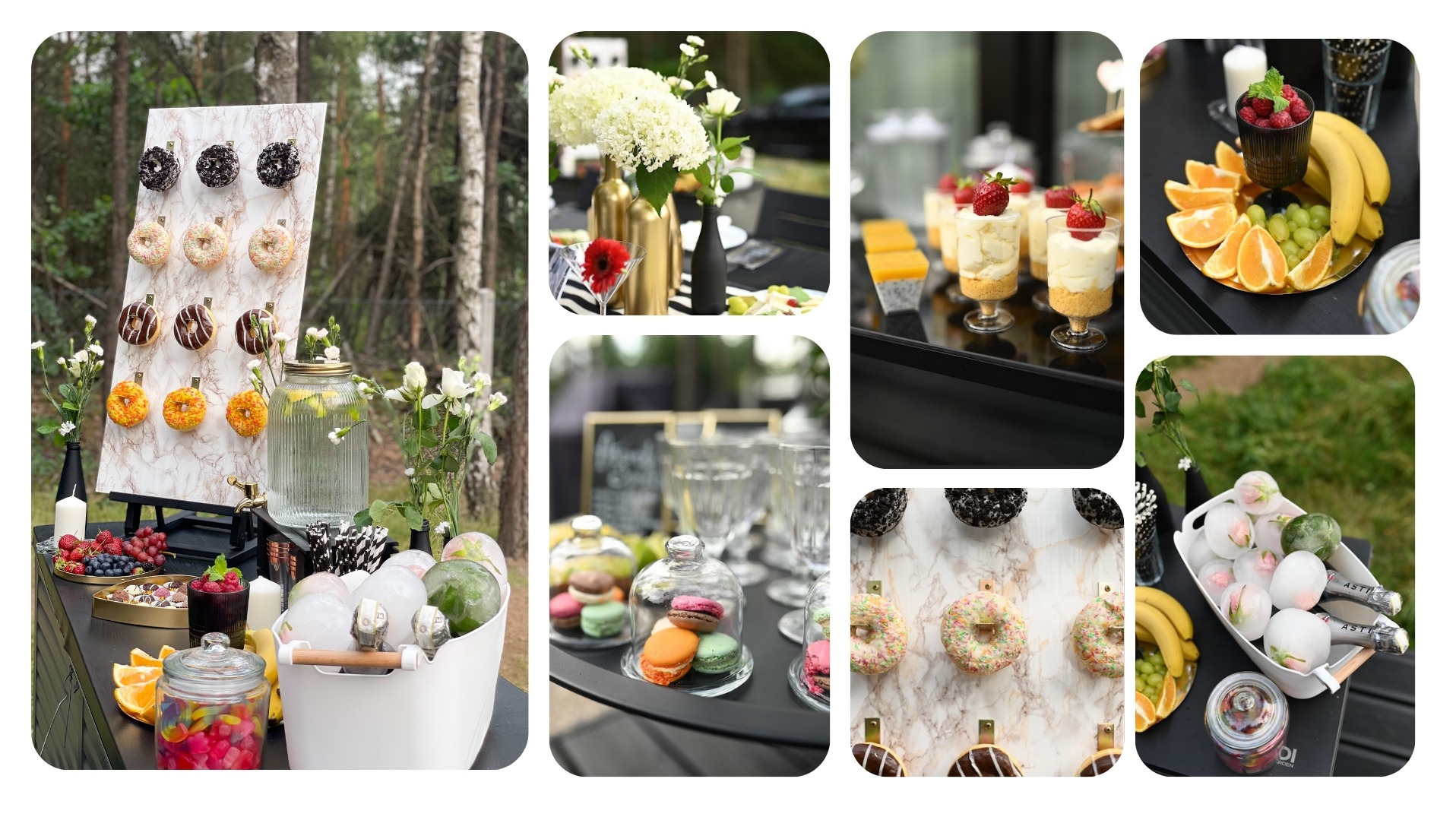 Dekoracja stołu z pączkami na marmurowej ścianie, napojami i owocami, całość w leśnej scenerii, idealna na imprezę plenerową.