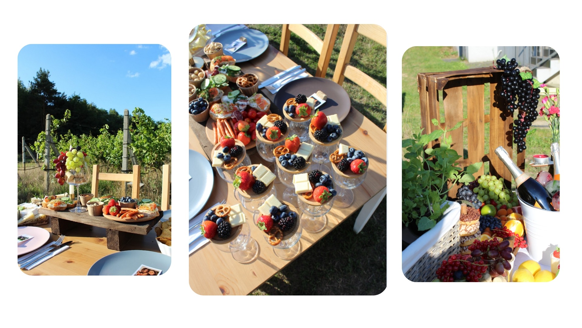 Dekoracja stołu z owocami, serami i przekąskami na imprezę plenerową. Aranżacja w stylu rustykalnym z winogronami i drewnianymi elementami dekoracyjnymi.