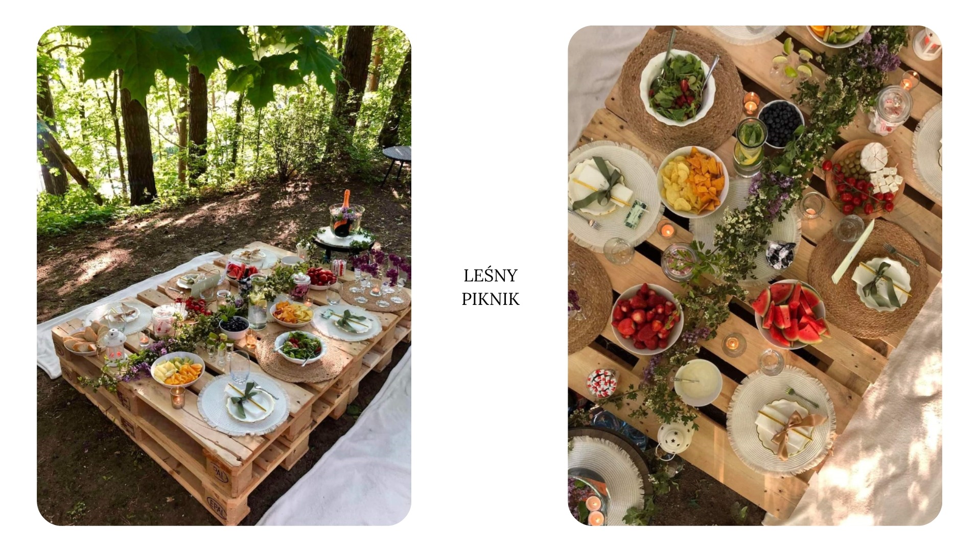Leśny piknik na paletach: owoce, sałatki, świece i kwiaty tworzą rustykalną aranżację w plenerze. Szampan w wiaderku z lodem dodaje elegancji.