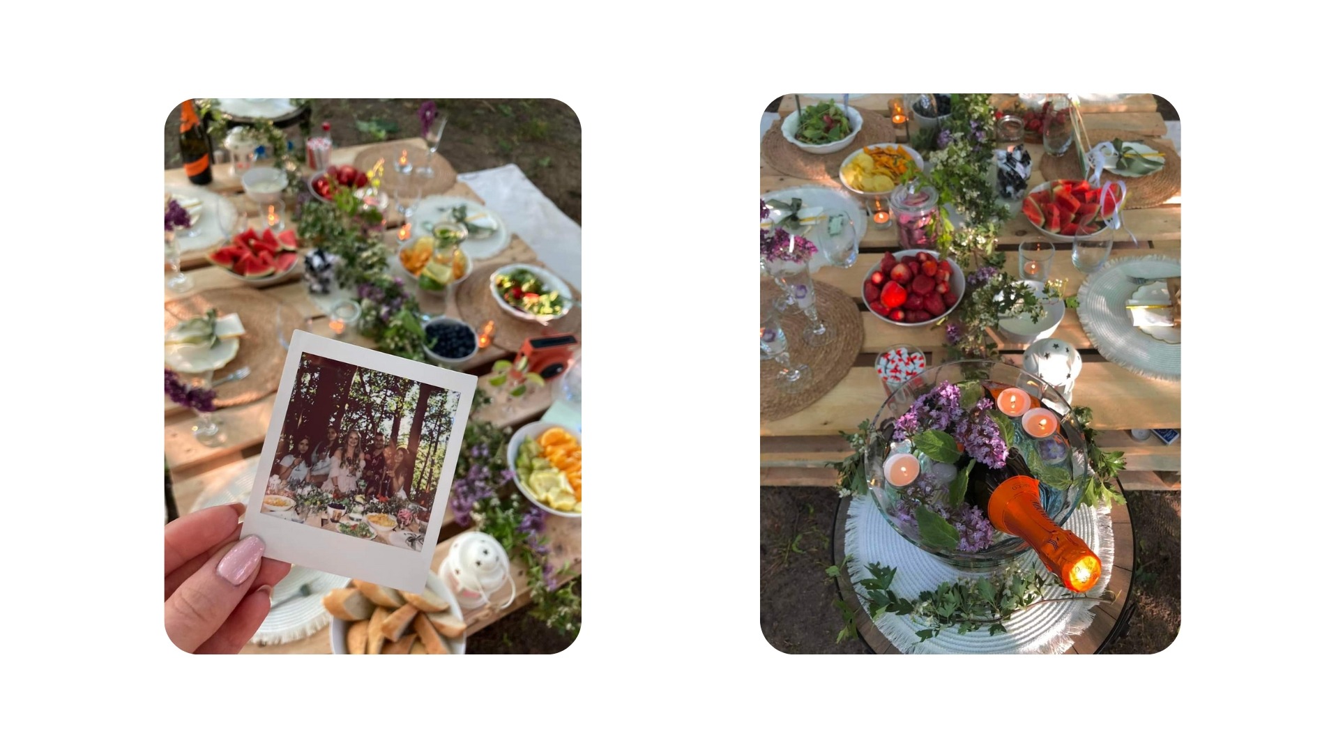 Stół piknikowy z owocami, kwiatami i świecami, w tle las. W dłoni zdjęcie polaroidowe z uczestnikami przyjęcia. Dekoracja stołu w stylu rustykalnym.