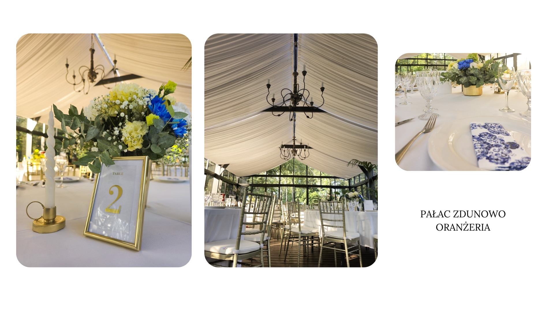 Dekoracja stołu z numerem '2' w złotej ramce, świecą i bukietem kwiatów w oranżerii Pałacu Zdunowo, przygotowana na przyjęcie.
