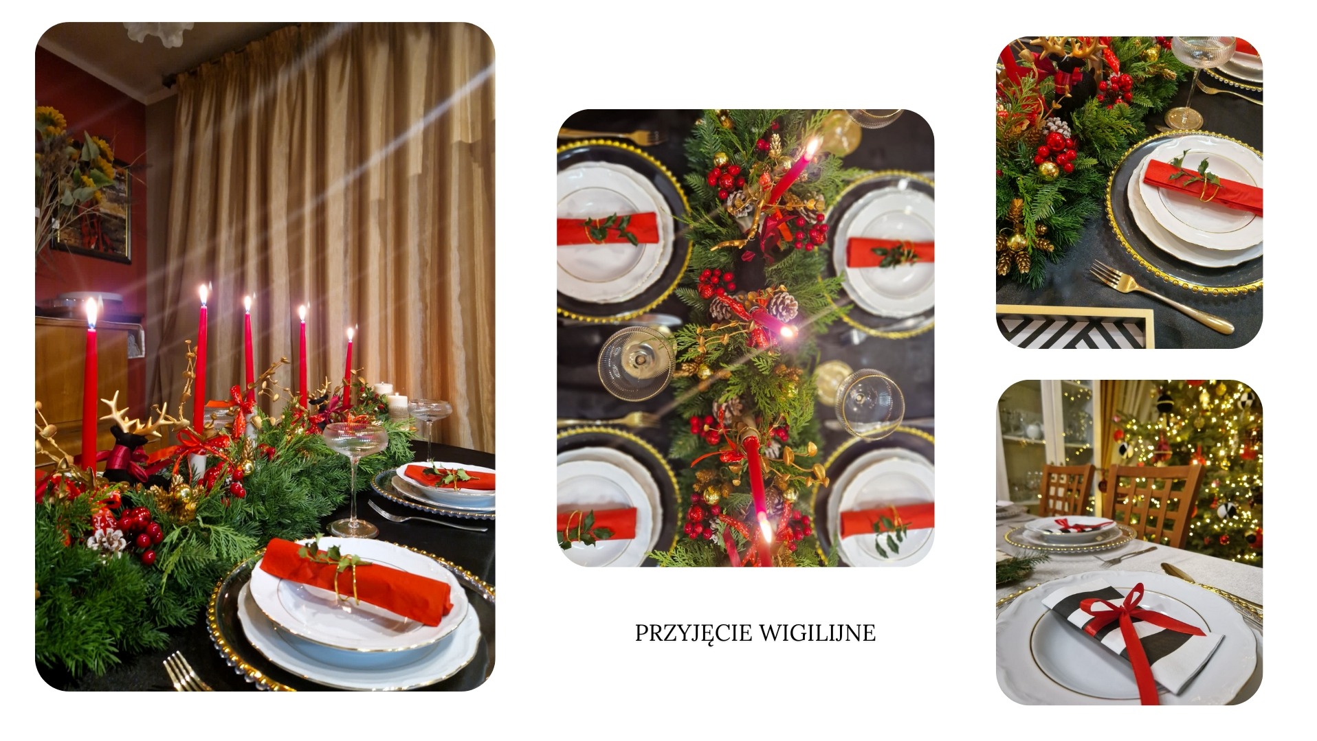 Elegancko nakryty stół wigilijny z czerwonymi świecami, zielonymi gałązkami i złotymi akcentami. Ustawione talerze z czerwonymi serwetkami i dekoracjami świątecznymi.