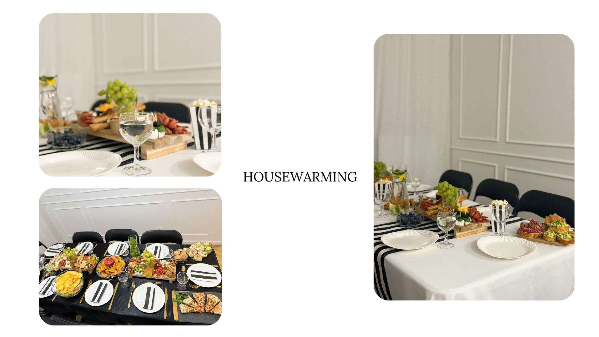 Elegancko nakryty stół z przekąskami i napojami, gotowy na przyjęcie typu 'housewarming' w jasnym wnętrzu z dekoracyjną sztukaterią.