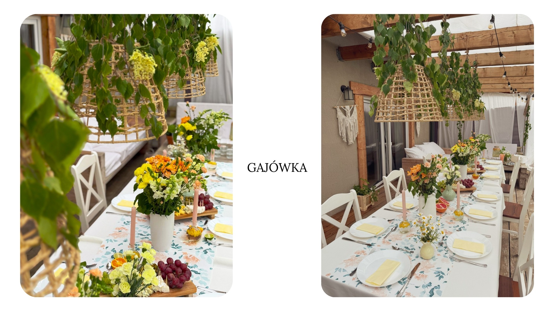 Uroczysty stół z dekoracjami kwiatowymi, rattanowymi lampami i białymi krzesłami, przygotowany na przyjęcie w stylu rustykalnym.