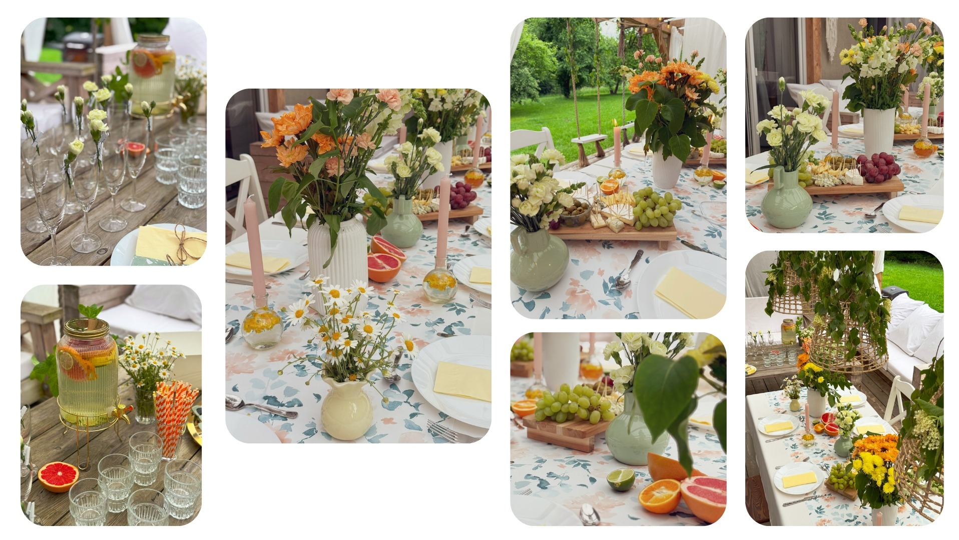 Dekoracja stołu na imprezę plenerową: kwiaty w wazonach, owoce, sery, napoje. Pastelowa kolorystyka, naturalne światło.