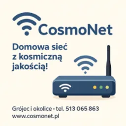 Grafika: Router CosmoNet z hasłem 'Domowa sieć z kosmiczną jakością!' i danymi kontaktowymi dla Grójca i okolic. Logo firmy z symbolem Wi-Fi.
