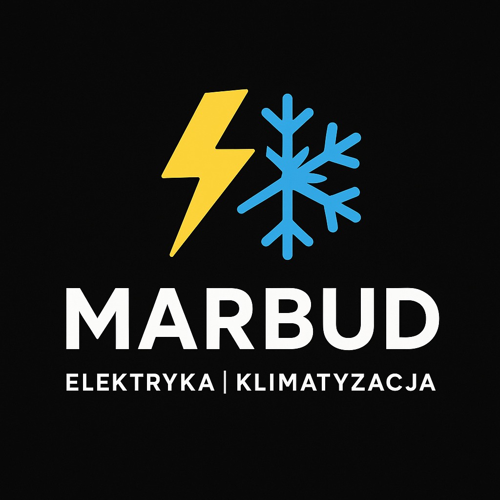 Logo firmy MARBUD: żółta błyskawica i niebieski płatek śniegu symbolizujące elektrykę i klimatyzację, nazwa firmy i zakres usług na czarnym tle.