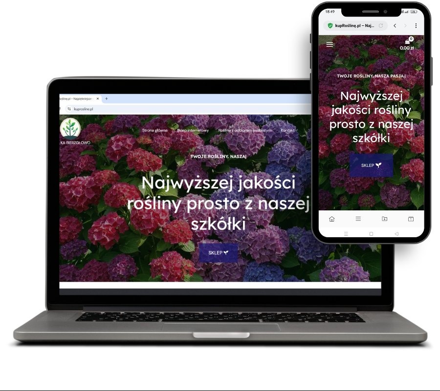 Laptop i smartfon prezentują stronę kuprosline.pl z motywem kwiatowym. Widok responsywny, ukazujący adaptację strony na różnych urządzeniach. Minimalistyczny design.