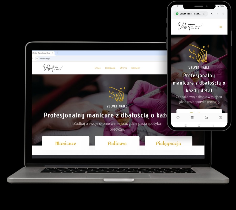 Responsywna strona Velvet Nails na laptopie i smartfonie. Układ strony z menu, logo i hasłem: Profesjonalny manicure z dbałością o każdy detal.
